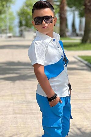 Erkek Çocuk Boydan Düğmeli Gömlek  ve Kargo Cepli Mavi Alt Üst Takım