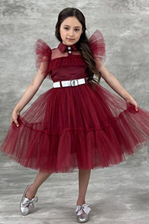 Kız Çocuk Gömlek Yaka Göğsü Ve Kolları Tül Detaylı Wednesday Bordo Elbise