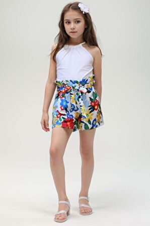 Kız Çocuk Renkli Flower Baskı ve Halter Yaka White Bluz Şortlu Takım