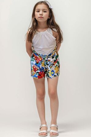 Kız Çocuk Renkli Flower Baskı ve Halter Yaka White Bluz Şortlu Takım
