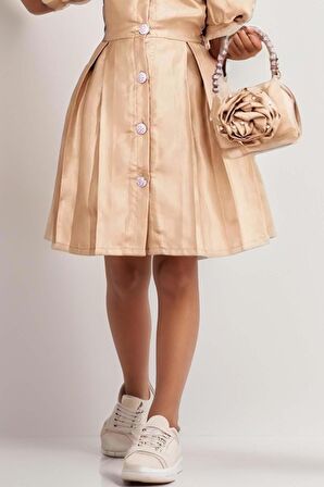 Kız Çocuk Boydan Düğme Detaylı Yakası Taşlı Parlak Saten Kumaş Gold Elbise