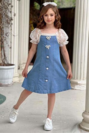 Kız Çocuk Yakası ve Kolları Dantel İşlemeli Balon Kollu Mavi Kot Elbise
