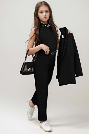 Kız Çocuk Yakası Taş İşlemeli Kolsuz Bluz Kemerli Blazer Ceket Pantolon Black Alt Üst Takım