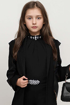 Kız Çocuk Yakası Taş İşlemeli Kolsuz Bluz Kemerli Blazer Ceket Pantolon Black Alt Üst Takım