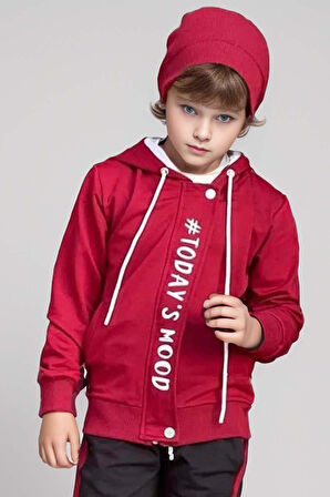 Erkek Çocuk Üzeri Todays Mod Yazı Ve Şerit Detaylı Kapüşonlu Bordo Eşofman Takım