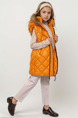 Kız Çocuk Kare Desenli Dikiş Detaylı Uzun Şişme Selective Sarı Yelek Boğazlı Kazak Pantolon Alt Üst Takım