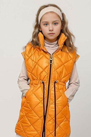 Kız Çocuk Kare Desenli Dikiş Detaylı Uzun Şişme Selective Sarı Yelek Boğazlı Kazak Pantolon Alt Üst Takım