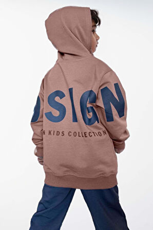 Erkek Çocuk Sırt Baskılı Design Kapüşonlu Sweatshirt Likralı Kahverengi Eşofman Takım