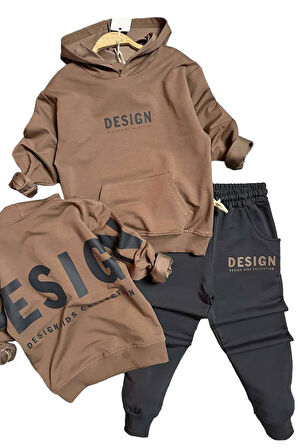 Erkek Çocuk Sırt Baskılı Design Kapüşonlu Sweatshirt Likralı Kahverengi Eşofman Takım