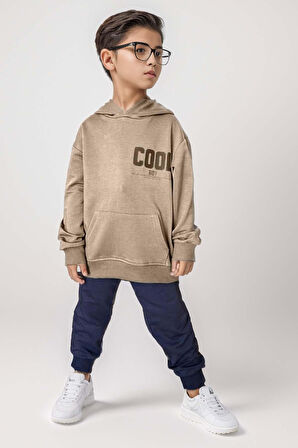 Erkek Çocuk Cool Boy Çift Baskılı Cepli Kapüşonlu Bej Sweatshirt Eşofman Takım