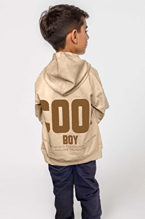 Erkek Çocuk Cool Boy Çift Baskılı Cepli Kapüşonlu Bej Sweatshirt Eşofman Takım