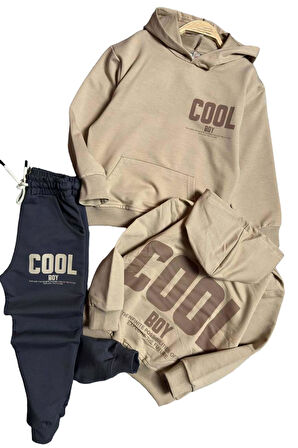 Erkek Çocuk Cool Boy Çift Baskılı Cepli Kapüşonlu Bej Sweatshirt Eşofman Takım