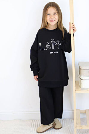 Kız Çocuk Latte Yazı Baskılı Owersize Kazak Geniş Paça Siyah Eşofman Takım