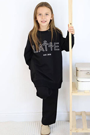 Kız Çocuk Latte Yazı Baskılı Owersize Kazak Geniş Paça Siyah Eşofman Takım