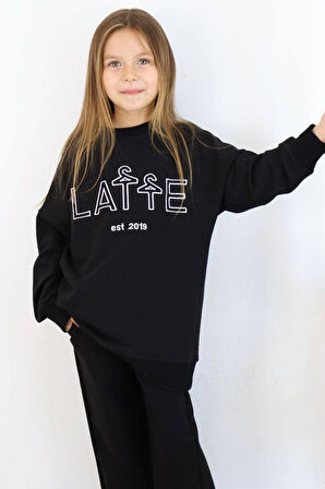 Kız Çocuk Latte Yazı Baskılı Owersize Kazak Geniş Paça Siyah Eşofman Takım