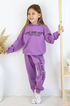 Kız Çocuk Love And Hope Basklı Penye Sweatshirt Mor Eşofman Takım