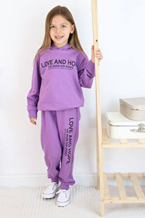 Kız Çocuk Love And Hope Basklı Penye Sweatshirt Mor Eşofman Takım