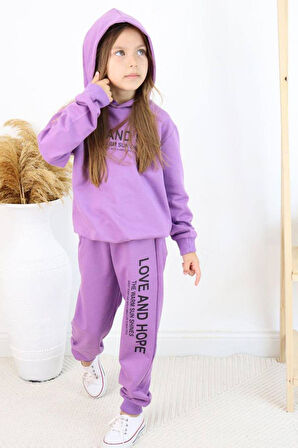 Kız Çocuk Love And Hope Basklı Penye Sweatshirt Mor Eşofman Takım