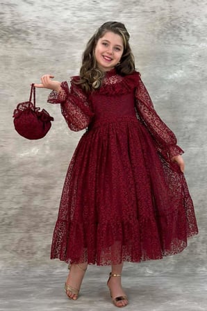 Kız Çocuk Kolları ve Yakası Şeffaf Tül ve Fırfır Detaylı Bordo Elbise