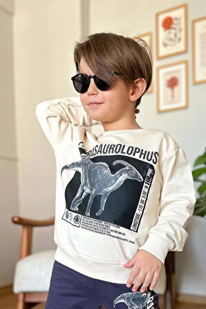 Erkek Çocuk Üzerinde Parasaurolophus Figürlü ve Yazı Baskılı Siyah Eşofman Takım