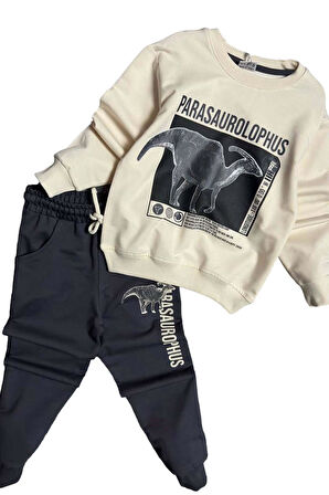 Erkek Çocuk Üzerinde Parasaurolophus Figürlü ve Yazı Baskılı Siyah Eşofman Takım