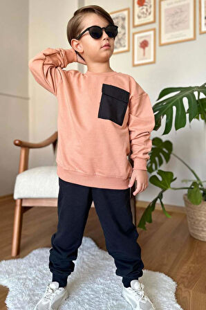 Erkek Çocuk Kapak Cepli Bisiklet Yaka Sweatshirt Somon Eşofman Takım