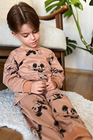 Erkek Çocuk Mickey Basklı Bilekleri Lastikli Penye Kazak Kahverengi Pijama Takım