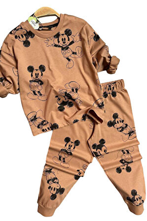 Erkek Çocuk Mickey Basklı Bilekleri Lastikli Penye Kazak Kahverengi Pijama Takım