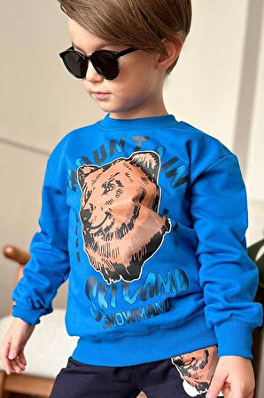 Erkek Çocuk Digital Ayı ve Mountain Yazı Baskılı Mavi Eşofman Takım