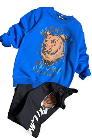 Erkek Çocuk Digital Ayı ve Mountain Yazı Baskılı Mavi Eşofman Takım