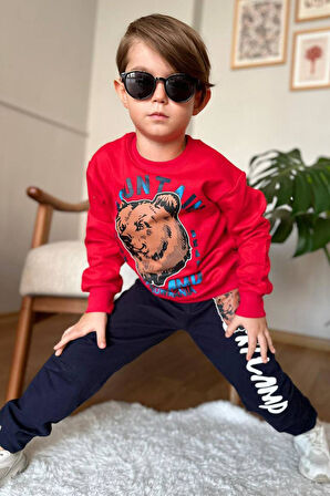 Erkek Çocuk Digital Ayı ve Mountain Yazı Baskılı Kırmızı Eşofman Takım