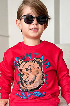 Erkek Çocuk Digital Ayı ve Mountain Yazı Baskılı Kırmızı Eşofman Takım