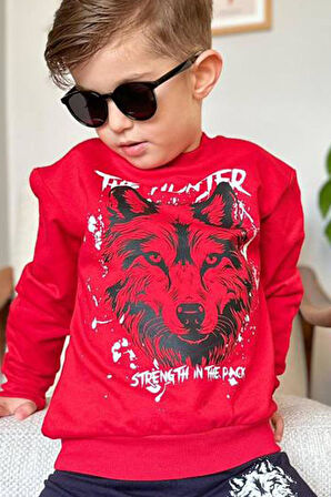 Erkek Çocuk The Hunter Yazı ve Kurt Detaylı Kırmızı Eşofman Takım