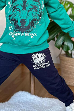 Erkek Çocuk The Hunter Yazı ve Kurt Detaylı Yeşil Eşofman Takım