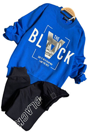 Erkek Çocuk The Black Yazı ve Figür Detaylı Mavi Eşofman Takım