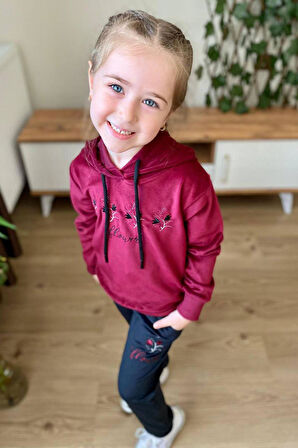 Kız Çocuk Buket Çiçek İşlemeli Kadife Sweatshirt Eşofman Altı Bordo Eşofman Takım