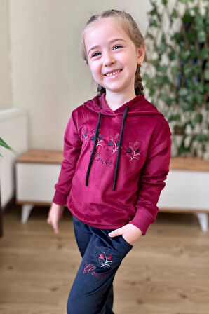 Kız Çocuk Buket Çiçek İşlemeli Kadife Sweatshirt Eşofman Altı Bordo Eşofman Takım