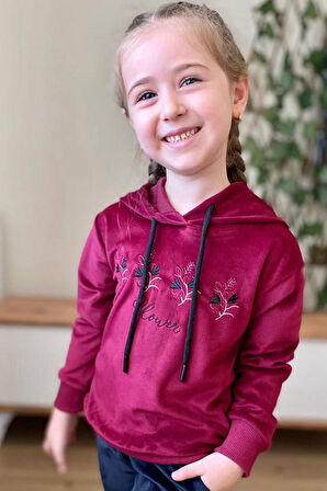 Kız Çocuk Buket Çiçek İşlemeli Kadife Sweatshirt Eşofman Altı Bordo Eşofman Takım