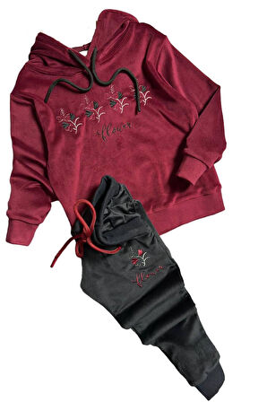 Kız Çocuk Buket Çiçek İşlemeli Kadife Sweatshirt Eşofman Altı Bordo Eşofman Takım