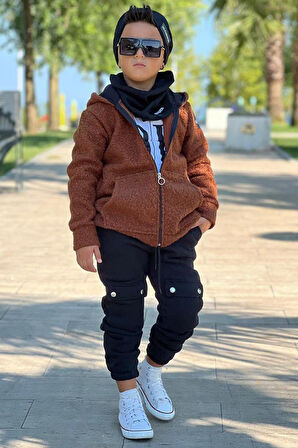 Erkek Çocuk OK Yazı Baskılı Kazak Kahverengi Peluş Yünlü Ceket Penye Alt Eşofman Takım