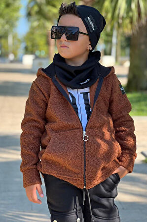 Erkek Çocuk OK Yazı Baskılı Kazak Kahverengi Peluş Yünlü Ceket Penye Alt Eşofman Takım