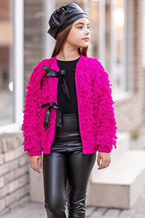 Kız Çocuk Sıfır Yaka Penye Kazak Yüksek Bel Deri Tayt Fuşya Kürk Detaylı Triko Ceket Alt Üst Takım