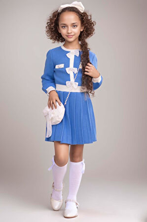 Kız Çocuk Beli Şerit ve Göğsü Fiyonk Detaylı Eteği Piliseli Mavi Şifon Elbise