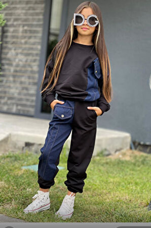 Kız Çocuk Kot Detaylı Cepli Aplike Siyah Eşofman Takım