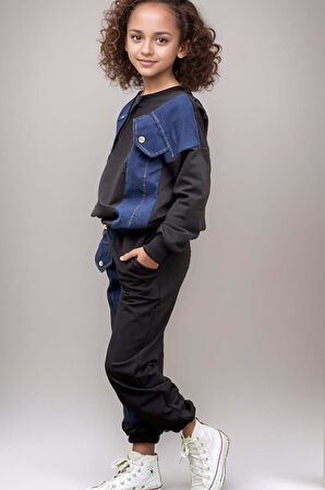 Kız Çocuk Kot Detaylı Cepli Aplike Siyah Eşofman Takım