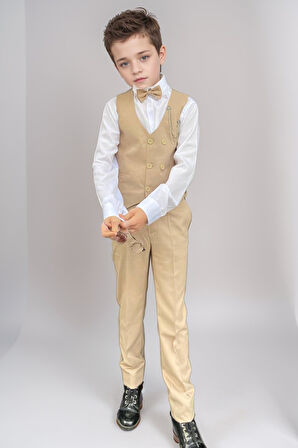 Erkek Çocuk Cepken Yelekli Camel Takım Elbise 5-9 Yaş