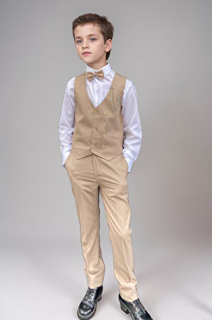 Erkek Çocuk Cepken Yelekli Camel Takım Elbise 10-14 Yaş