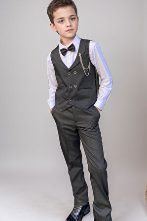 Erkek Çocuk Cepken Yelekli Şal Yaka Siyah Takım Elbise 5-9 Yaş