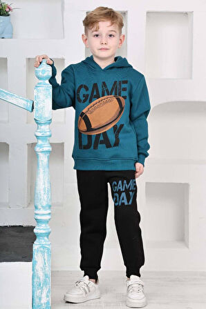 Erkek Çocuk Üzerinde Top ve Game Day Yazı Baskılı Sweatshirt 3 İplik Lacivert Eşofman Takım