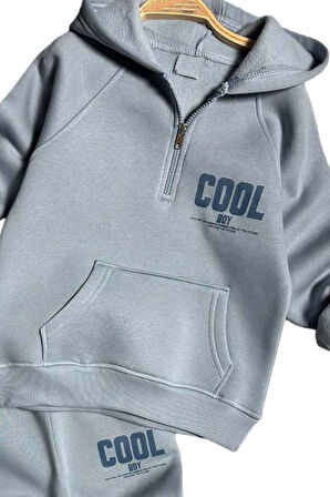 Erkek Çocuk Cool Boy Baskılı Fermuarlı Yaka Cepli Sweatshirt Buz Mavisi Eşofman Takım